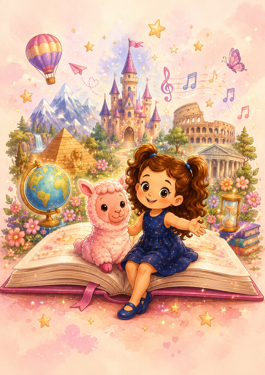 Emma e Alpaca Rosa seduti su un grande libro circondati da luoghi e avventure