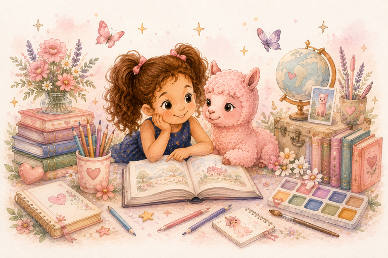 Illustrazione di Emma e Alpaca Rosa tra libri, creatività e materiali per bambini